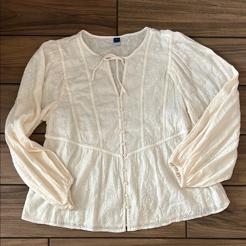 Old Navy Cream Blouse with Bib Collar and Tie Front